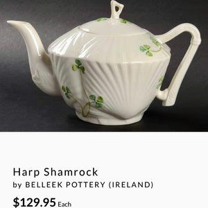 Belleek Harp Shramrock Teapot - Belleek Irish Pottery - Ireland